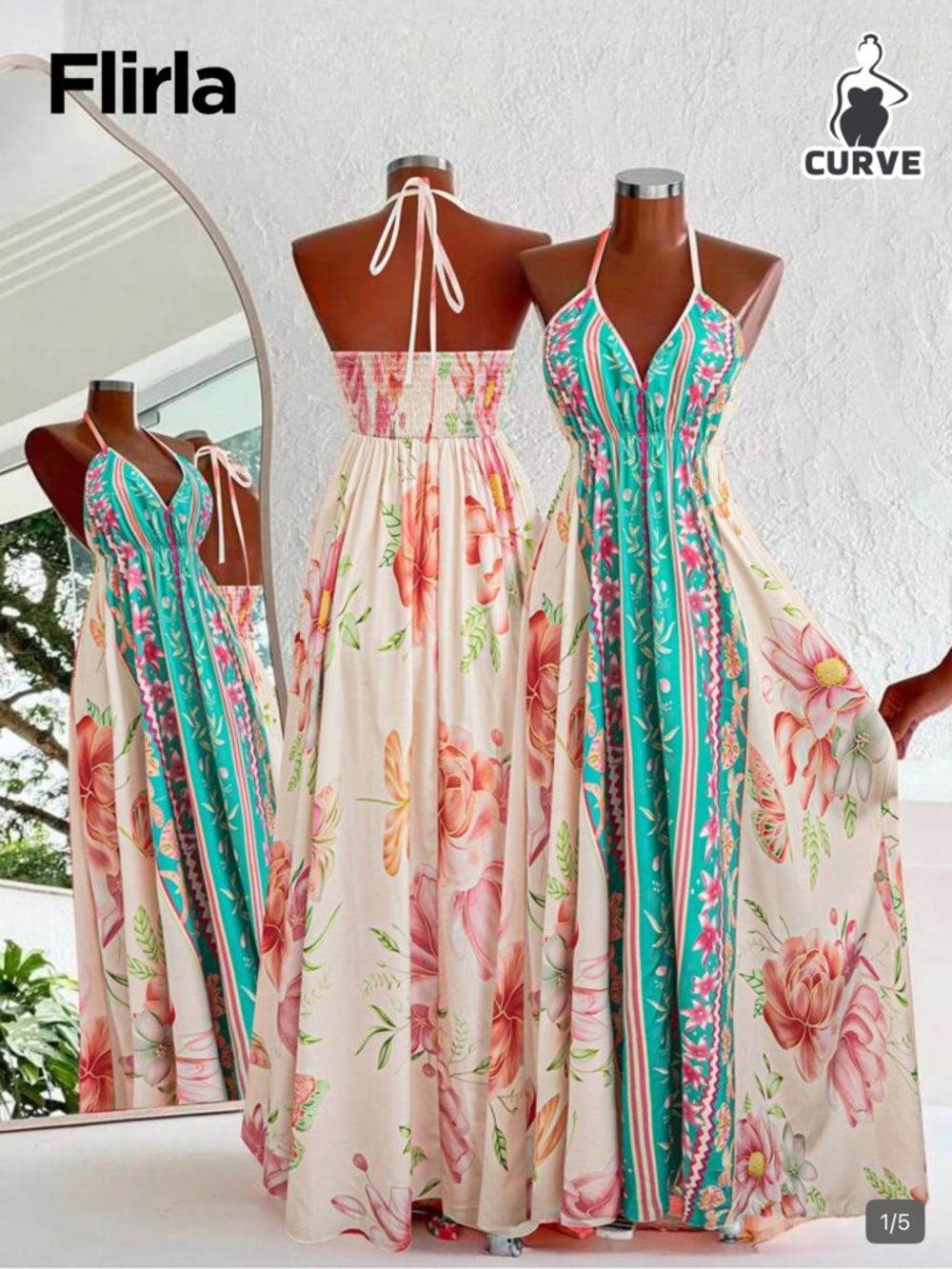 SHEIN Teal and Cream Floral Halter Maxi Dress
